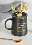 Nordic Couple Mug Porcelain Cup Golden Antlers Cover Home Spoon With Lid Milk Coffee Cup Drinking Glass Black White Ceramic Mug