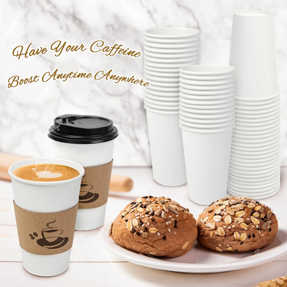 Disposable Paper Cups with Lids, Sleeve 16 Oz 50 Count Insulated