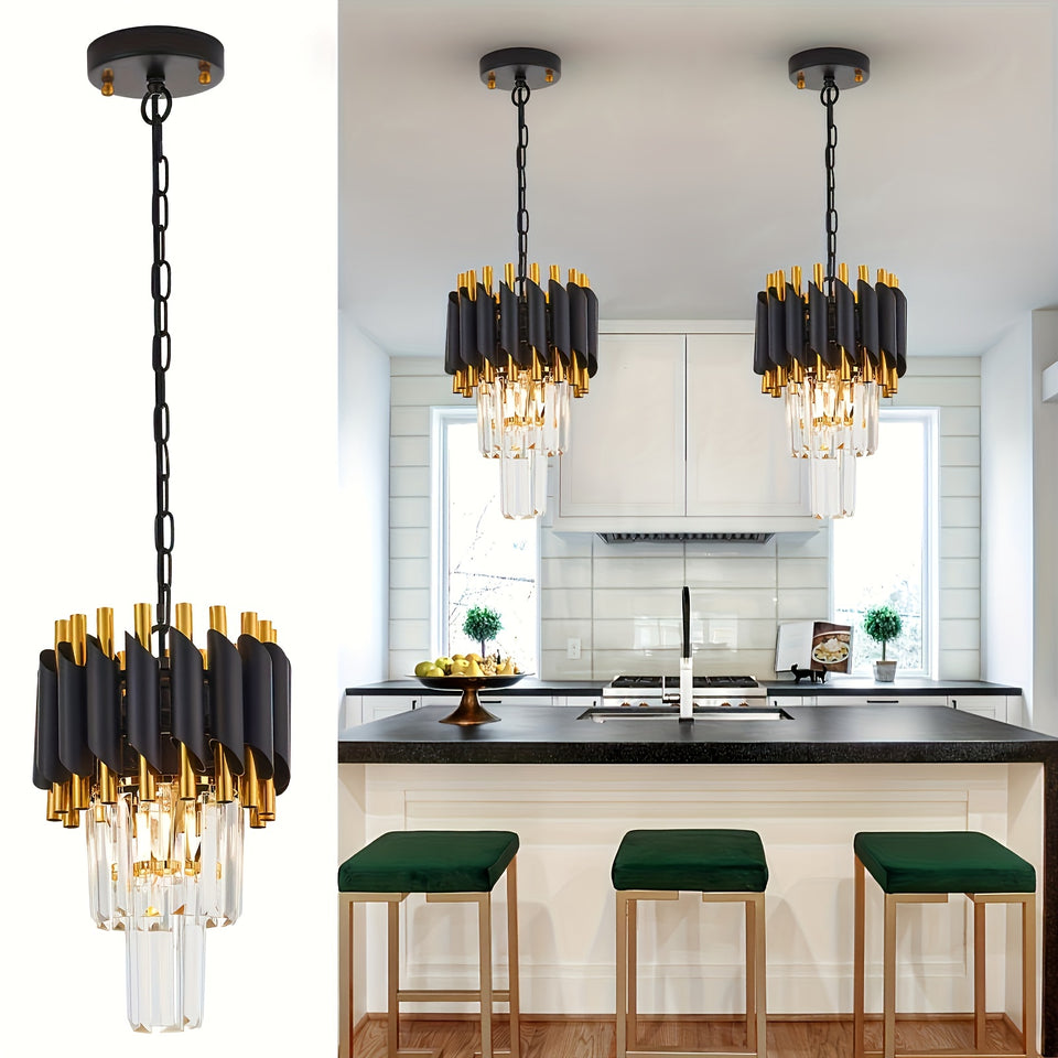1pc Modern 2-Tier Round Crystal Chandelier, Industrial Style, E26 Bulb Not Included, for Dining Room, Kitchen Island, Bedroom, Laundry, Foyer, Entryway, with Installation Hardware, Semi-Flush Mount, Removable Claw, Ceiling Cl