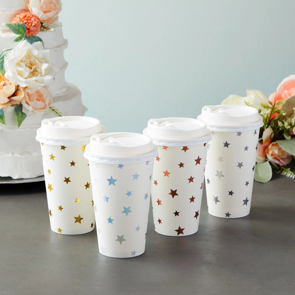 48-Pack Cute Foil Stars Insulated Disposable Coffee Cups with Lids, 16Oz Paper Hot Cup to Go for Twinkle Little Star Baby Shower, Birthday, Events