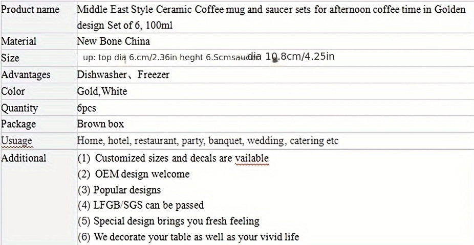 Middle East Style Ceramic Coffee Mug and Saucer Sets for Afternoon Coffee Time in Golden Design Set of 6, 3.38oz