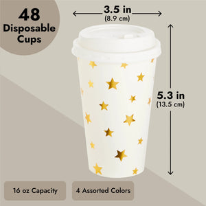 48-Pack Cute Foil Stars Insulated Disposable Coffee Cups with Lids, 16Oz Paper Hot Cup to Go for Twinkle Little Star Baby Shower, Birthday, Events