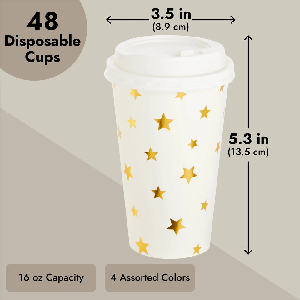 48-Pack Cute Foil Stars Insulated Disposable Coffee Cups with Lids, 16Oz Paper Hot Cup to Go for Twinkle Little Star Baby Shower, Birthday, Events