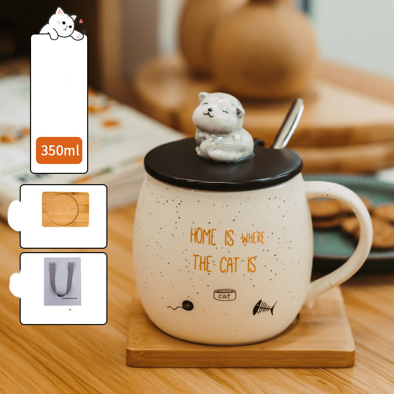 Cute Mark Ceramic Cup Female Coffee Spoon With Lid Cat Home Breakfast