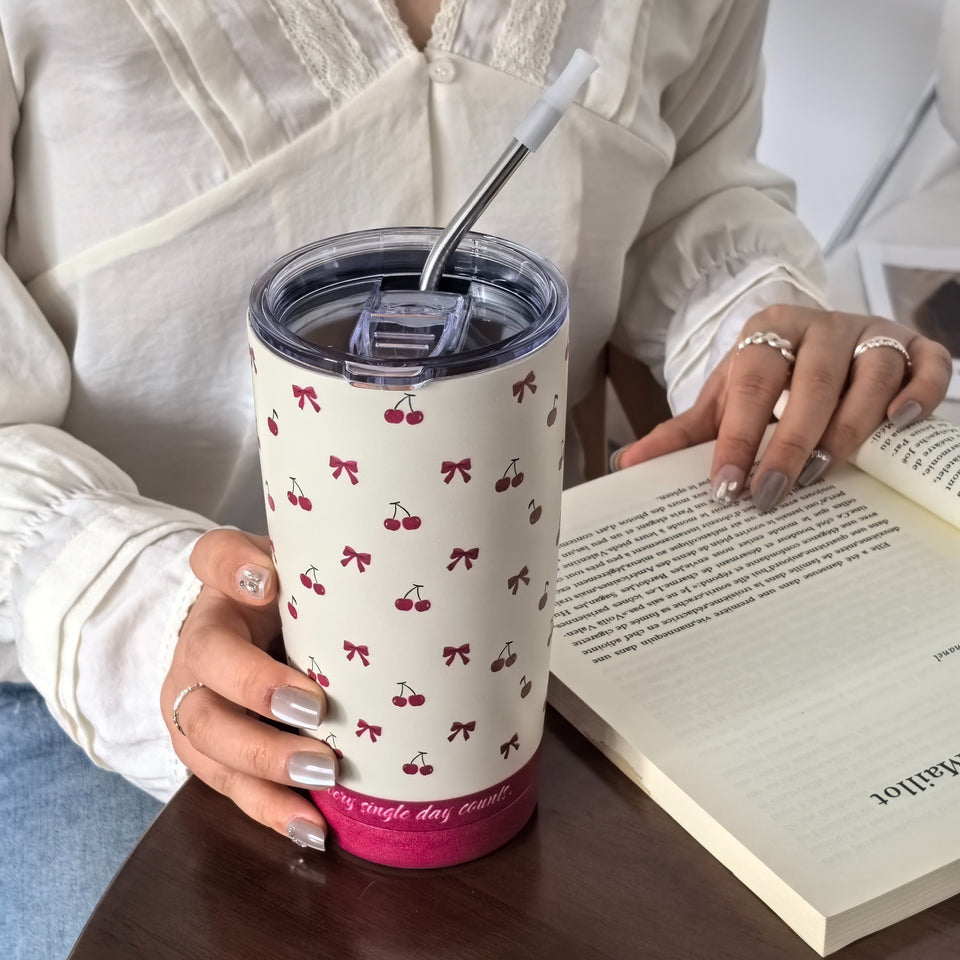 Charming Cherry Bowls Travel Mug: 600ml/20.29OZ, Double-Walled Stainless Steel, Hand Wash Only, Perfect for Coffee, Tea, or Cold Drinks - Great for Travel, Gym, or Outdoor Activities