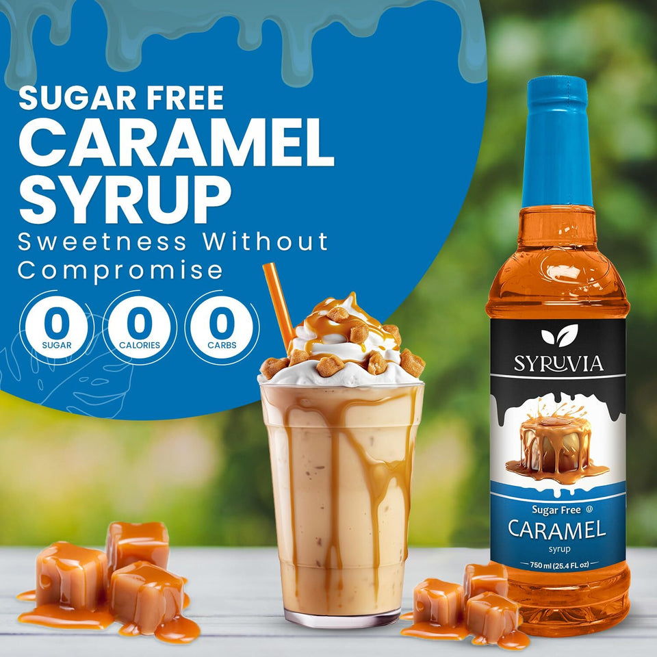 Syruvia Sugar Free Caramel Syrup 25.4 Fl Oz Pack of 3 Zero Calorie Delight