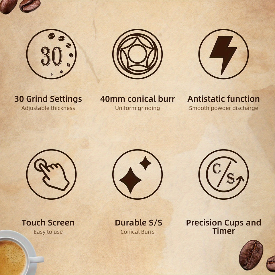 BioloMix Automatic Burr Mill Electric Coffee Grinder With 30 Gears For Espresso American Coffee Pour Over Visual Bean Storage