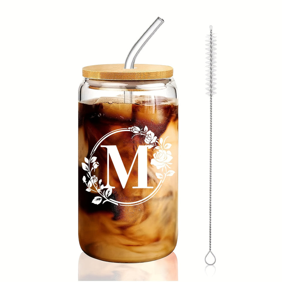 1pc Alphabet Letter A-Z Glass Coffee Mug - 16oz Large Capacity, Bamboo Lid, Straw, and Handle - Perfect for Office, Home, Birthday, Bridesmaid, Thanksgiving, Christmas, Eid Al-Adha Mubarak, and Party Use