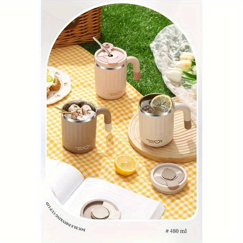 480ml Double-Wall Insulated Stainless Steel Coffee Mugs - Durable, Stylish, and Spill-Proof Travel Cups with Lids for Couples and Office Use - Ideal for Hot and Cold Beverages, Easy to Clean, and BPA-Free