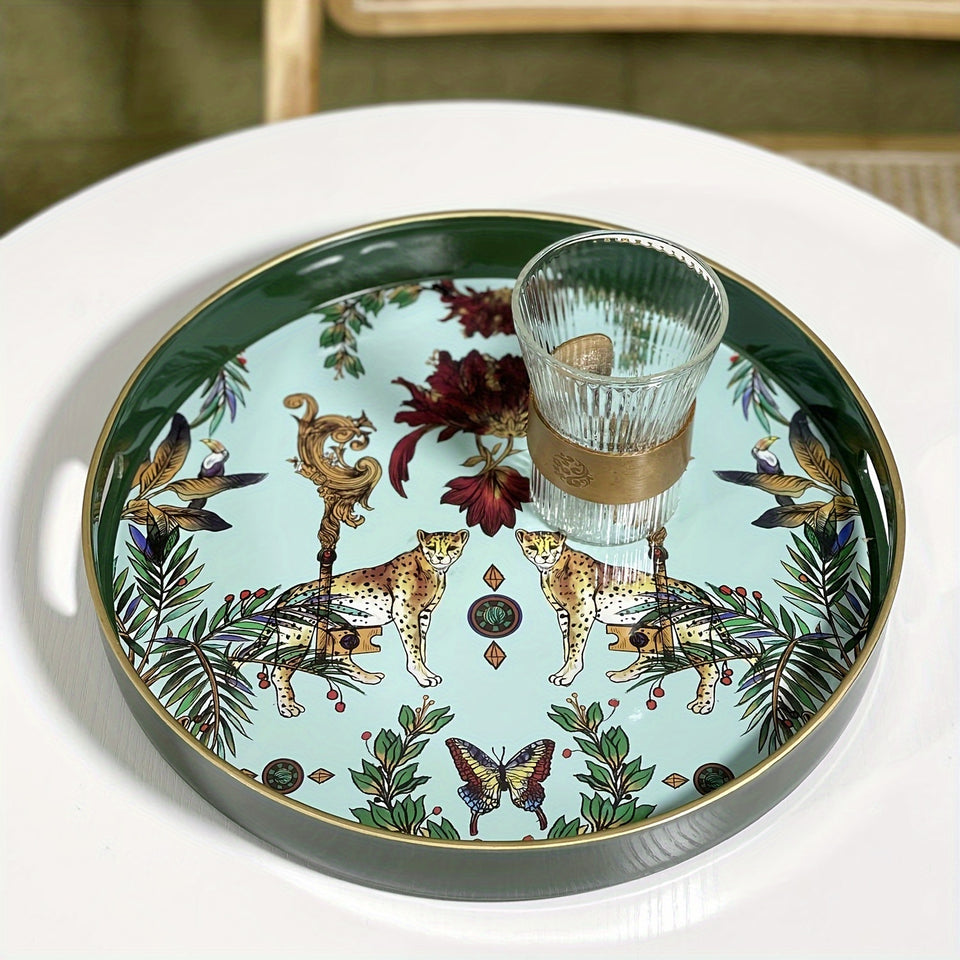 1pc Small Sculpture Decoration, Jungle Leopard Round Decorative Tray, Marbling Plastic Tray With Handles, Modern Vanity Tray And Serving Tray For Ottoman, Coffee Table, Kitchen And Bathroom, 13", Home Decor