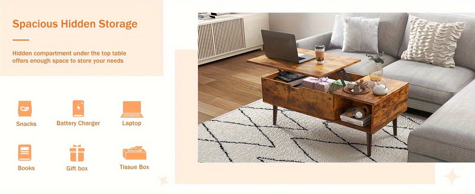 Elegant Black Coffee Table For Living Room - Lift Top Design Offering Versatility. Small Rising Wooden Dining Center Table With Storage Shelf And Hidden Compartment, Ideal For Organizing And Enhancing Your Living Space.