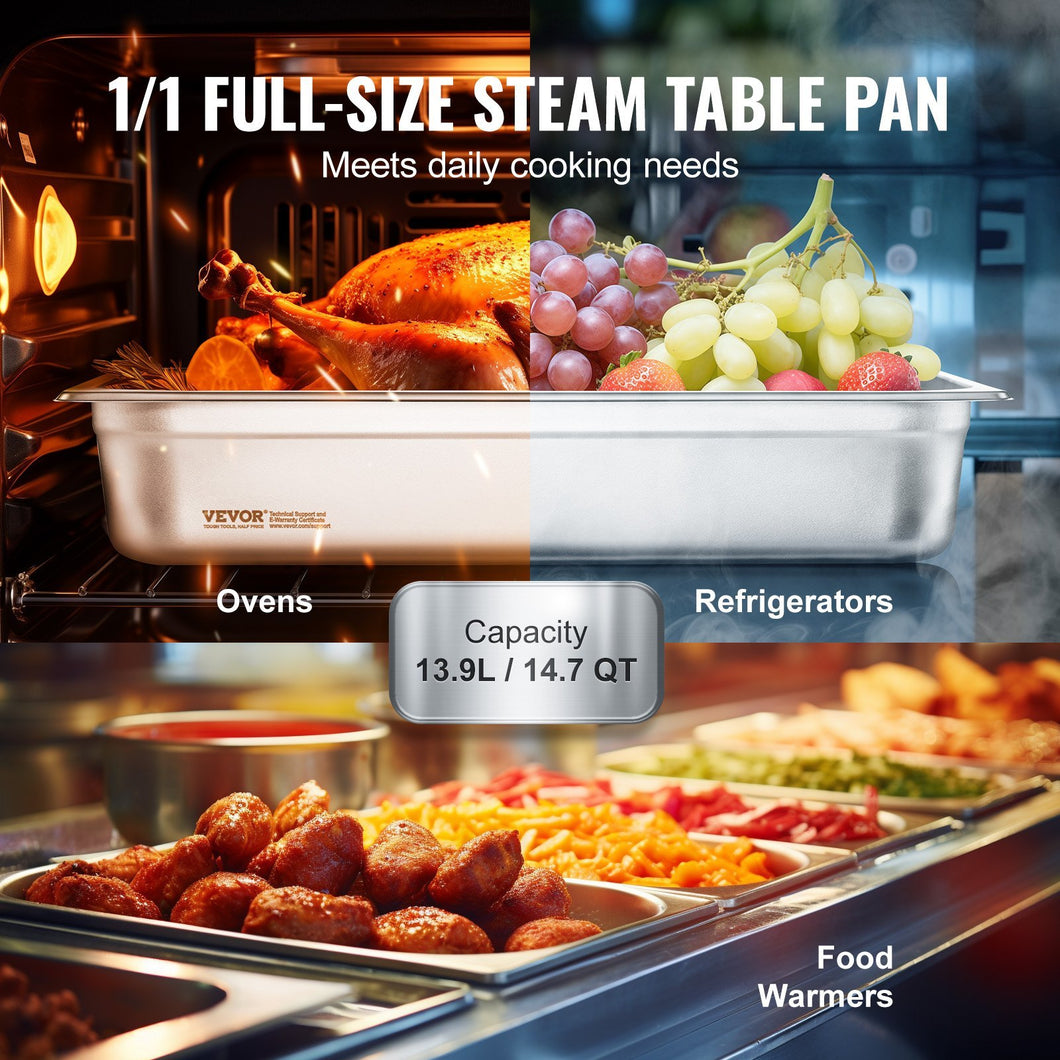 6 Pack Hotel Pans, Full Size Anti-Jam Steam Pan, 0.8mm Thick Stainless Steel Restaurant Steam Table Pan, 4-Inch Deep Commercial Table Pan, Catering Storage Food Pan, For Industrial  Scientific