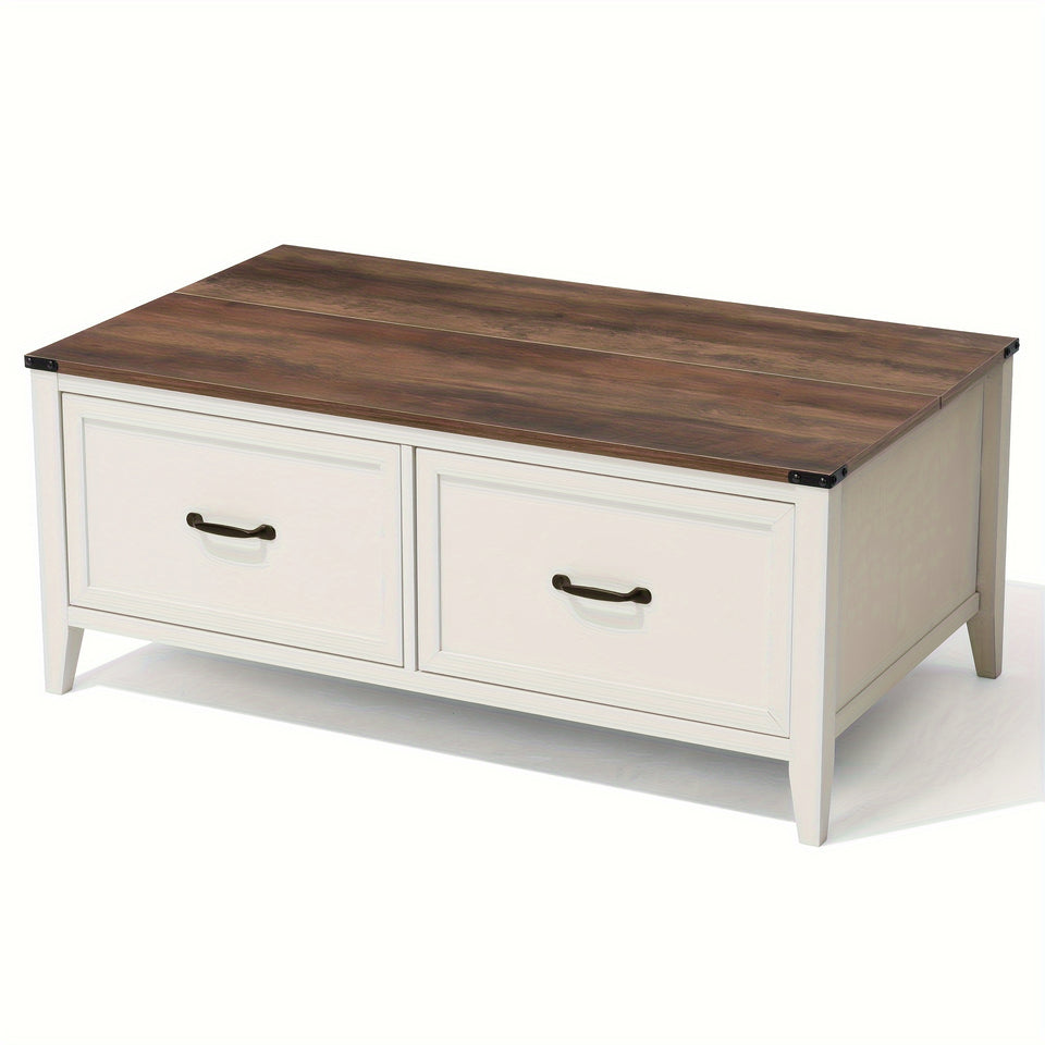 Farmhouse Coffee Table, 43'' Hinged Lift Top Wood Center Table with Large Hidden Storage & 2 Drawers for Living Room