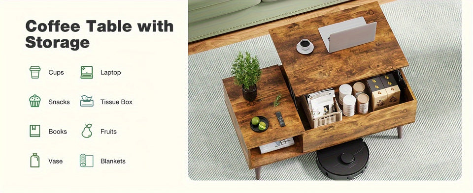Vintage Lift-Top Coffee Table with Hidden Storage and Adjustable Shelf - Durable Wood, Ideal for Living Room