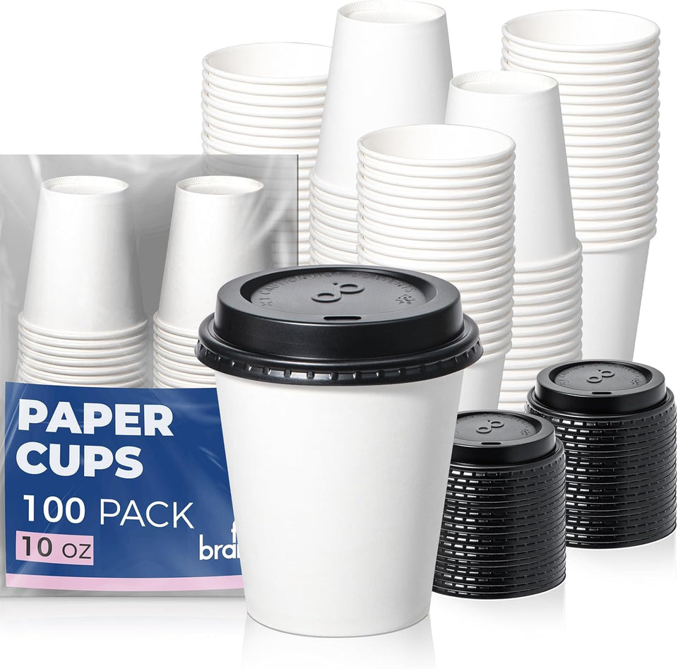 100 Pack 10 Oz Disposable Coffee Cups with Lids, Premium Paper to Go Cups for Hot/Cold Beverages, Leak Proof Travel Cups for Cold/Hot Beverage, Office (Black Lids)