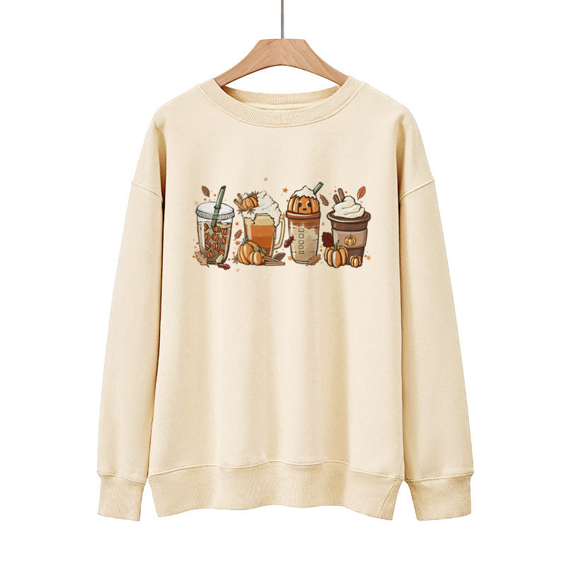 New Coffee Pumpkin Halloween Street Spring Autumn And Winter Round Neck Loose Casual Pullover
