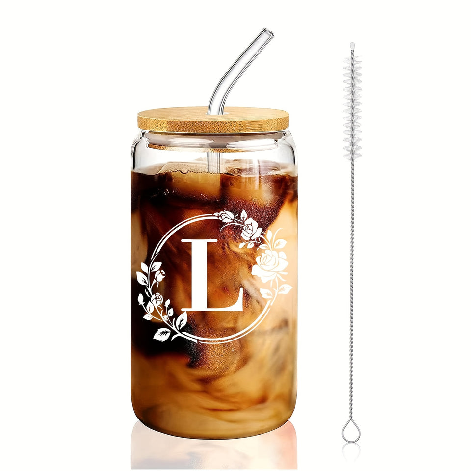 1pc Alphabet Letter A-Z Glass Coffee Mug - 16oz Large Capacity, Bamboo Lid, Straw, and Handle - Perfect for Office, Home, Birthday, Bridesmaid, Thanksgiving, Christmas, Eid Al-Adha Mubarak, and Party Use