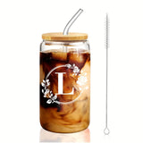 1pc Alphabet Letter A-Z Glass Coffee Mug - 16oz Large Capacity, Bamboo Lid, Straw, and Handle - Perfect for Office, Home, Birthday, Bridesmaid, Thanksgiving, Christmas, Eid Al-Adha Mubarak, and Party Use