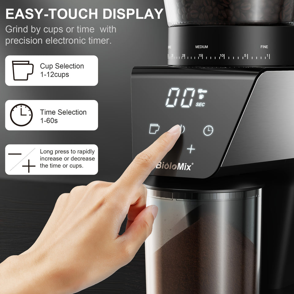 BioloMix Automatic Burr Mill Electric Coffee Grinder With 30 Gears For Espresso American Coffee Pour Over Visual Bean Storage