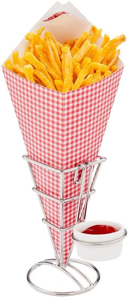 Cone Tek 15 Inch French Fry Cones 100 Recyclable Food Cones - Built-In Sauce Cup Grease-Resistant Lining White Paper Snack Cones for Appetizers and Charcuterie