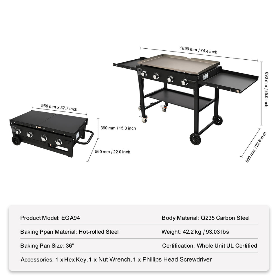 Commercial Griddle On Cart, 36' Heavy Duty Manual Flat Top Griddle, Outdoor Cooking Station With Side Shelves, Steel Natural Gas Griddle, 4-Burners Restaurant Portable Tested ToStandards