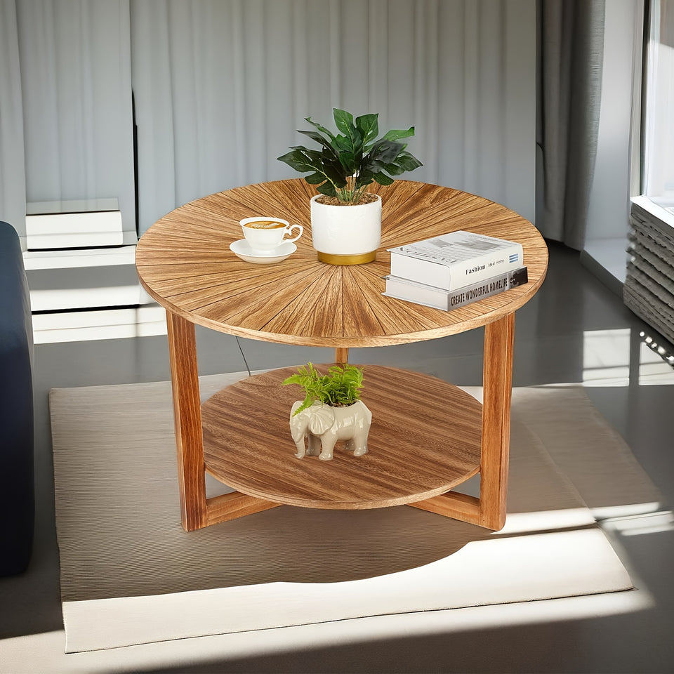 Light luxury simple style 2-layer log color wooden round table suitable for outdoor small coffee table round coffee table dining table