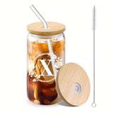 1pc Alphabet Letter A-Z Glass Coffee Mug - 16oz Large Capacity, Bamboo Lid, Straw, and Handle - Perfect for Office, Home, Birthday, Bridesmaid, Thanksgiving, Christmas, Eid Al-Adha Mubarak, and Party Use