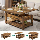 Sablyme Rustic Farmhouse Lift Top Coffee Table, 3-in-1 Multi-Function Center Table with Storage, Brown Hardwood - Ideal for Living Room, Adjustable Height for Comfortable Use