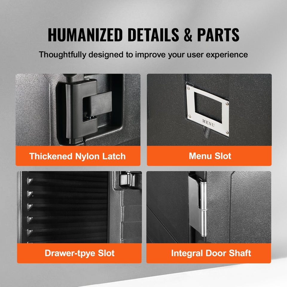 Insulated Food Pan Carrier, 109 Qt Hot Box For Catering, LLDPE Food Box Carrier W Double Buckles, Front Loading Food Warmer W Handles, End Loader W Wheels For Restaurant, Canteen, Etc. Black