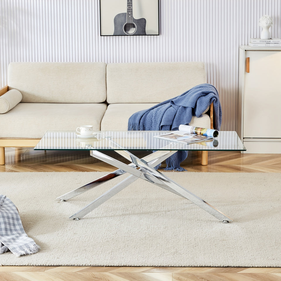 GSSDEE Rectangular Clear Tempered Glass Coffee Table, Stylish Design with Silver Chrome Plated Metal Legs, Coffee Table for Living Room