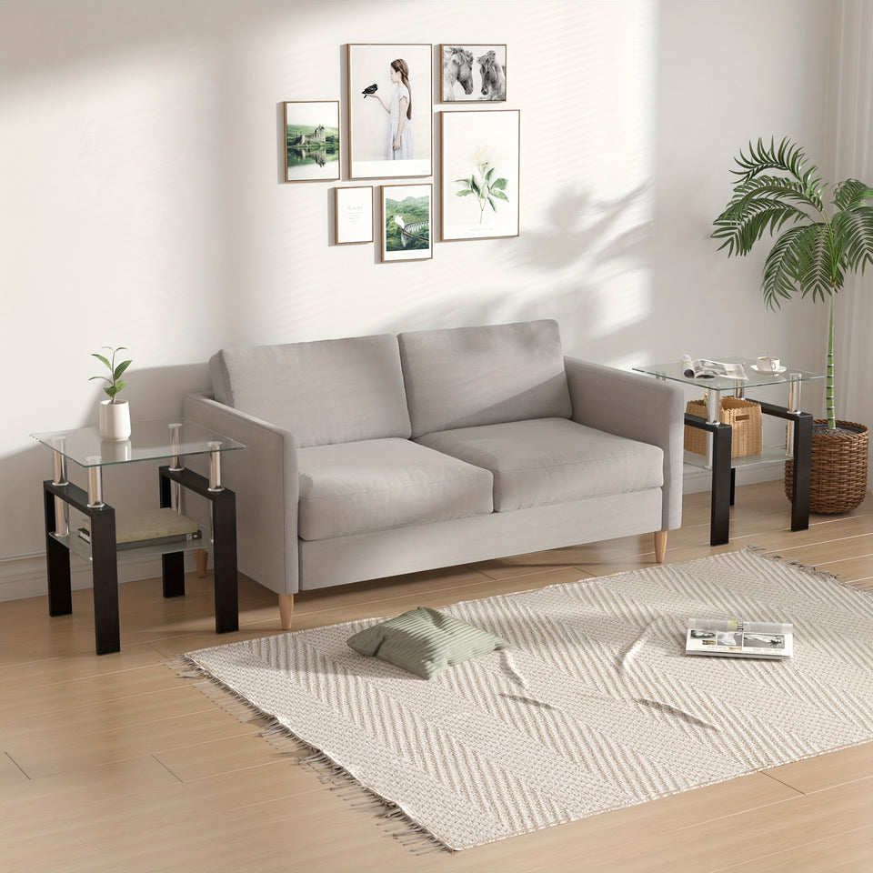 Coffee Table Set Of 3, Glass Coffee Table And 2 Side Tables, Modern Table Set For Living Room With Metal Leg