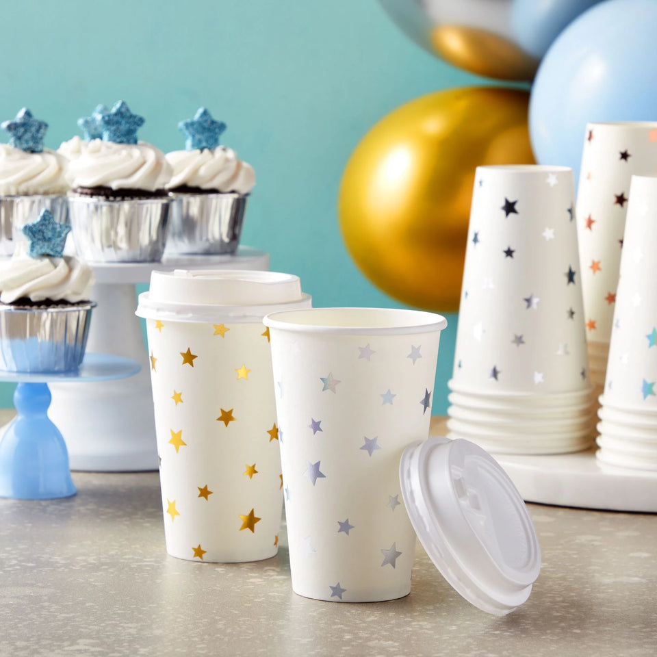 48-Pack Cute Foil Stars Insulated Disposable Coffee Cups with Lids, 16Oz Paper Hot Cup to Go for Twinkle Little Star Baby Shower, Birthday, Events