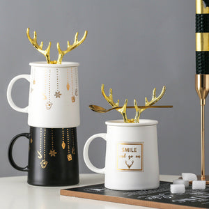 Nordic Couple Mug Porcelain Cup Golden Antlers Cover Home Spoon With Lid Milk Coffee Cup Drinking Glass Black White Ceramic Mug