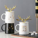 Nordic Couple Mug Porcelain Cup Golden Antlers Cover Home Spoon With Lid Milk Coffee Cup Drinking Glass Black White Ceramic Mug