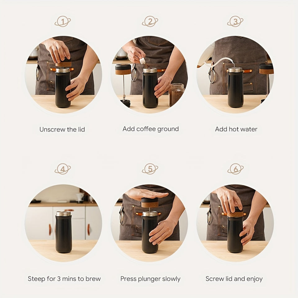 Portable French Press Coffee Maker 12oz Stainless Steel Travel French Coffee Maker with Unique Filter Vacuum Insulated Coffee Mug & Tea Maker Great For Camping and Traveling