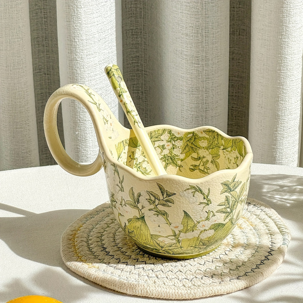 Elegant Green Lily Of The Valley Ceramic Mug - Hand-Wash Only, Reusable Coffee & Milk Cup For Home And Restaurant Use