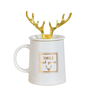 Nordic Couple Mug Porcelain Cup Golden Antlers Cover Home Spoon With Lid Milk Coffee Cup Drinking Glass Black White Ceramic Mug