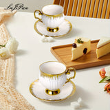 Middle East Style Ceramic Coffee Mug and Saucer Sets for Afternoon Coffee Time in Golden Design Set of 6, 3.38oz