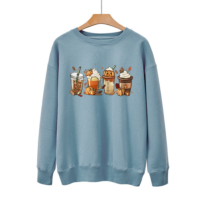 New Coffee Pumpkin Halloween Street Spring Autumn And Winter Round Neck Loose Casual Pullover
