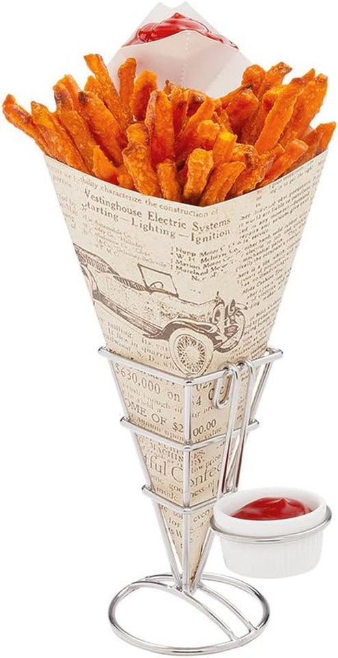 Cone Tek 15 Inch French Fry Cones 100 Recyclable Food Cones - Built-In Sauce Cup Grease-Resistant Lining White Paper Snack Cones for Appetizers and Charcuterie
