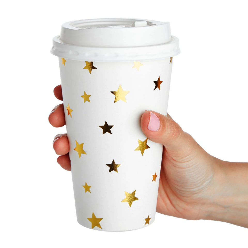 48-Pack Cute Foil Stars Insulated Disposable Coffee Cups with Lids, 16Oz Paper Hot Cup to Go for Twinkle Little Star Baby Shower, Birthday, Events