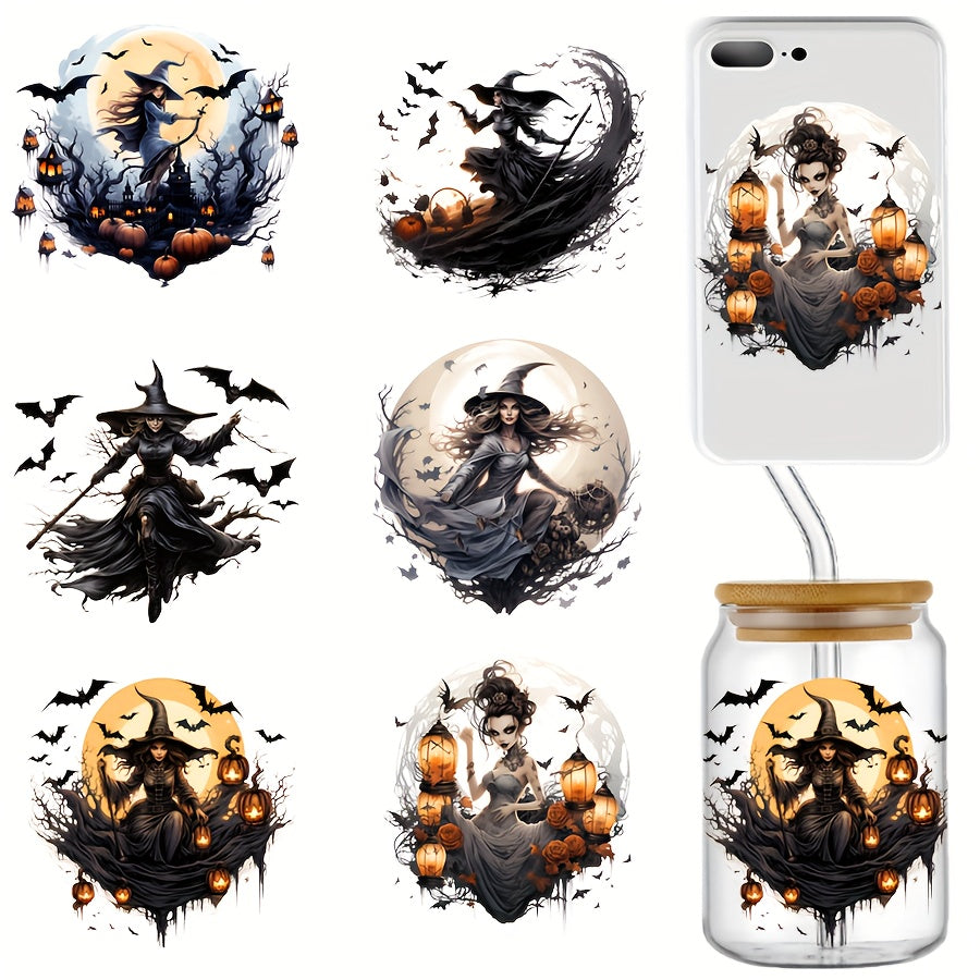Halloween Witch & Bats PVC Decorative Stickers, 6PCS Waterproof UV DTF Transfer Decals for Glassware - Ideal for 16OZ Tumblers, Coffee Mugs, Bottles, DIY Art Craft Supplies