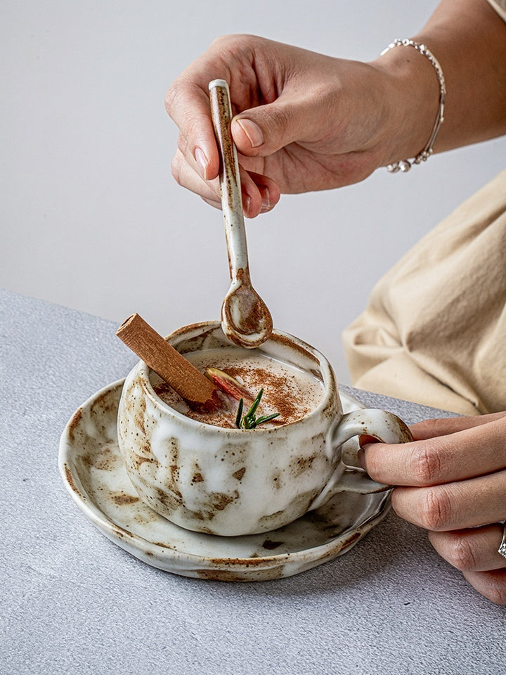 Handmade Stoneware Coffee Coffee Cup, Dish And Spoon Suit Household