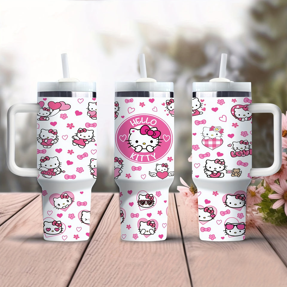 1pc 40oz Cute Hello Kitty with Handle Large Coffee Water Bottle Printed with Katie Cat Pattern Stainless Steel Insulation and Cold Preservation Water Cup Suitable for Gifts to Family and Friends with Straw, The Straw Is Insid