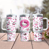 1pc 40oz Cute Hello Kitty with Handle Large Coffee Water Bottle Printed with Katie Cat Pattern Stainless Steel Insulation and Cold Preservation Water Cup Suitable for Gifts to Family and Friends with Straw, The Straw Is Insid