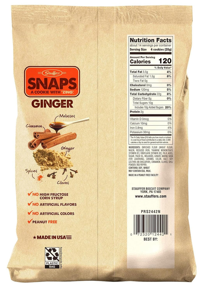 STAUFFERS Ginger SNAPS Cookies - 14Oz Bag - Ginger Flavored Cookies with No High