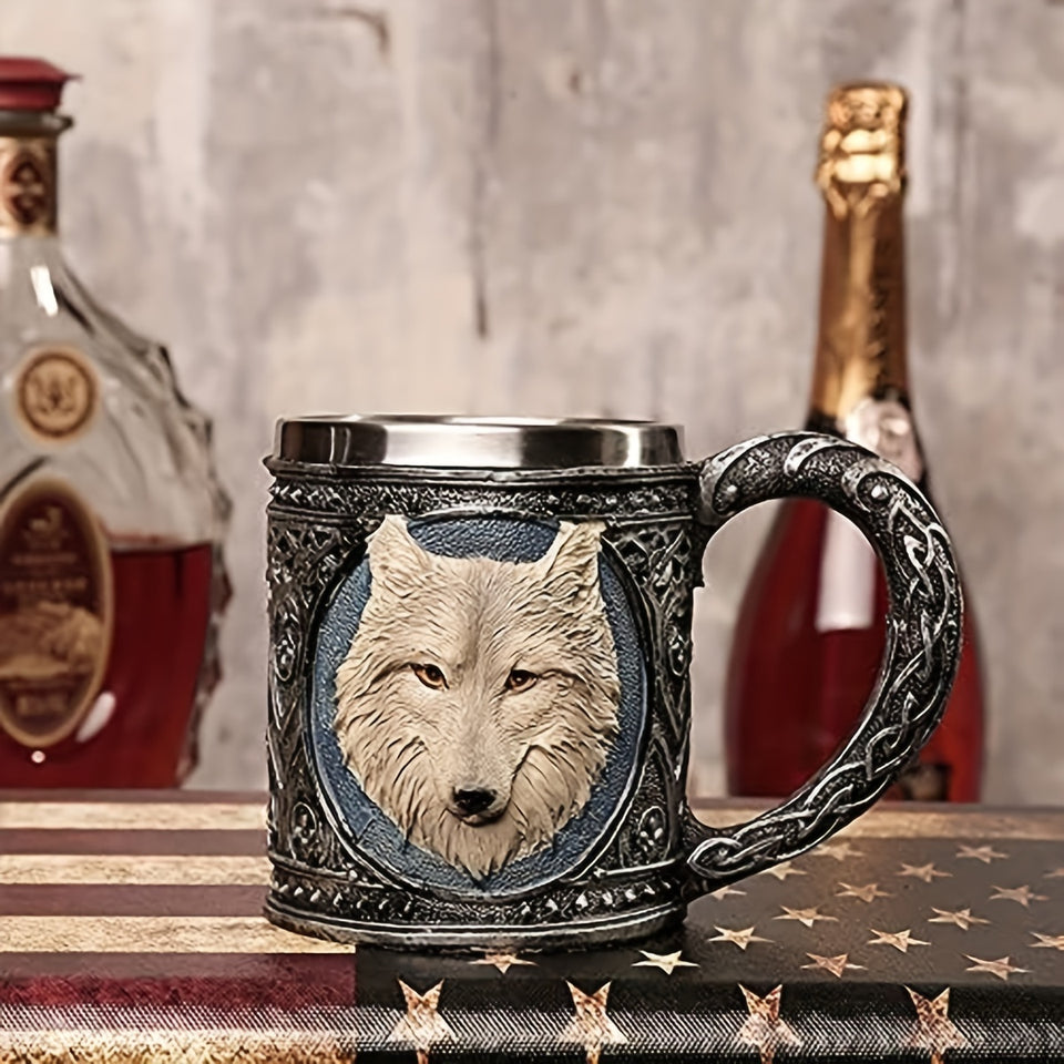 [Wolf Magic Mug] Gray Wolf Celtic Tribe Magic Resin Mug with Stainless Steel Rim | Suitable for Coffee, Tea, Cereal, And Drinks | Perfect for Halloween Parties And Kitchen Decor Featuring Wolf Forest Totem Beer Cup for Bar De