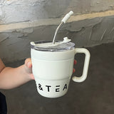 480ml/16 Oz Double-Layer Vacuum Insulated Stainless Steel Coffee Cup With Handle And Straw, Black, White, Light Blue, Pink, Brown, Green