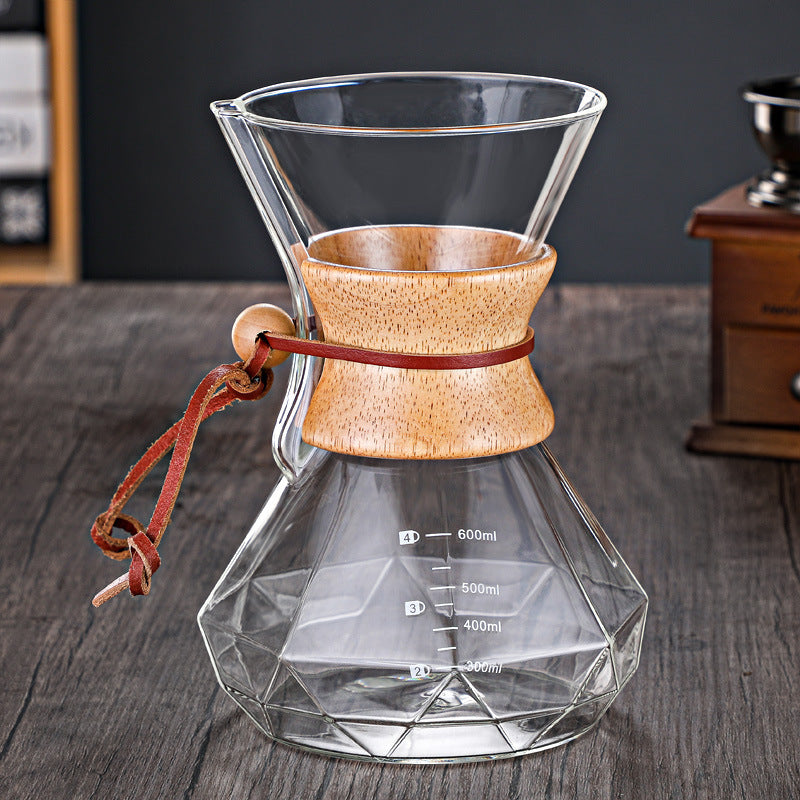Hand-made Coffee Pot Diamond-shaped Glass Drip Pot Filter Cup With Wood Chip Scale