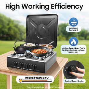 Compact 4-Burner Natural Gas Stove with Protective Cover – Restaurant-Quality Cooking for Home, Camping, and Outdoor Adventures – Non-Slip Feet, Heat Dissipation Holes, Easy Assembly, GDRASUYA10